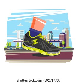 Giant running shoe with city in background. city running and sport concept - vector illustration