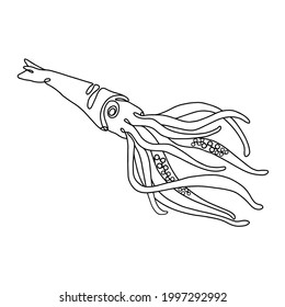 Giant sea Squid. One Line art logo and branding design templates in minimal style. Linear graphic element. Outline silhouette cuttlefish isolated on a white background.