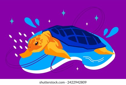 Giant sea turtle - modern colored vector illustration with long-lived tropical reptile. Rare endangered animal species, marine life, caribbean undersea creature and summer beach vacation idea