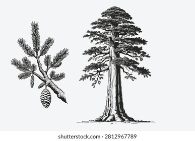 Giant sequoia tree alongside a detailed pine branch with cones shown in a vintage botanical engraving style.