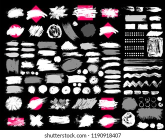 Giant Set of Black brush strokes. Paint, ink, brushes, lines, grunge. Dirty artistic design elements, frames, boxes. Freehand drawing. Vector illustration. Isolated on black background.