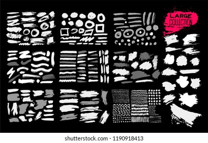 Giant Set of Black brush strokes. Paint, ink, brushes, lines, grunge. Dirty artistic design elements, frames, boxes. Freehand drawing. Vector illustration. Isolated on black background.