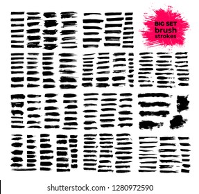 Giant set of black brush strokes. Paint, ink, brushes, lines, grunge. Dirty artistic design elements, boxes, frames. Freehand drawing. Vector illustration. Isolated on white background.