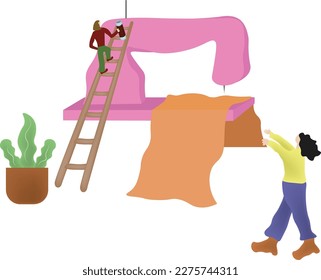 máquina de coser gigante vectorial de la empresa de desembarco página de la página de aterrizaje banner tejido de coser con mano de obra pequeña