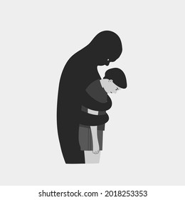 Giant shadow hugging a person. Mental health or disorder concept. Illness, phobia, impairment, psychiatric or psychological problem. Cartoon style. Flat design. Hand drawn Vector illustration