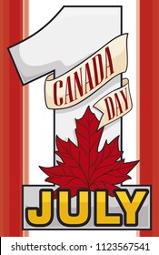 Giant silver number as reminder date covered with ribbon and maple leaf to celebrate Canada Day in July 1.