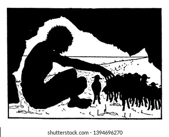 Giant Sitting in Cave with Sheep, this scene shows a giant man sitting in a cave and playing with a herd of sheep, vintage line drawing or engraving illustration