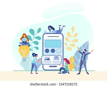 Giant Smartphone and Tiny People working around Creating a Smart Mobile App for Successful Online Business. Vector illustration.