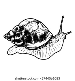 Giant snail. Vector sketch hand drawn. African Achatina. Land gastropod mollusk. Slug. Pet animal. Shell. Line art graphic illustration.