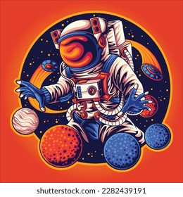 giant space astronaut protect planet from ufo illustration for tshirt design or stickers