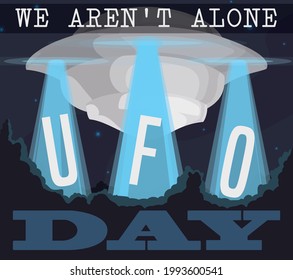 
Giant spaceship with glowing light beams abducting letters, piercing the night skies during UFO Day and reminding you that we aren't alone...