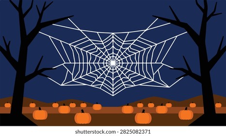 Giant spider web illustration spanning between bare autumn trees above field filled with glowing orange pumpkins