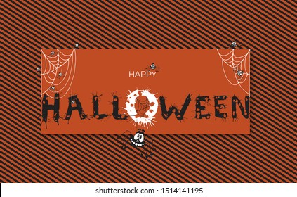 Giant spider web net with many smiling spiders on orange color stripes background. Happy Halloween concept design banner, poster, greeting card. Vector autumn holiday illustration