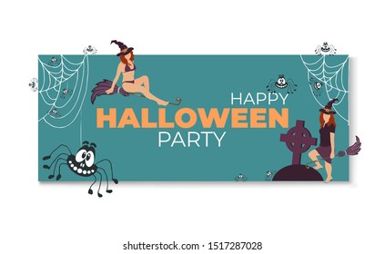 Giant spider web net with many smiling spiders, witch with tomb cross on blue and white background. Happy Halloween concept design banner, poster, greeting card. Vector autumn holiday illustration