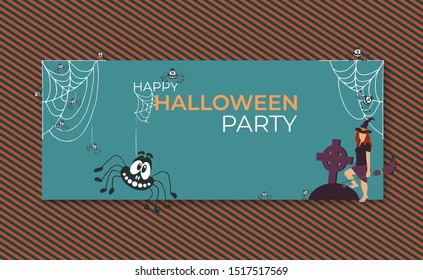 Giant spider web net with many smiling spiders on orange color stripes background. Happy Halloween concept design banner, poster, greeting card on blue. Vector autumn holiday illustration