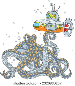 Giant spotted octopus playing with a deep-sea scientific bathyscaphe on the ocean floor, vector cartoon illustration isolated on a white background