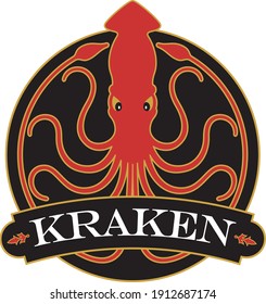 Giant Squid badge, logo, or emblem design with ornate Kraken banner.
Vector illustration badge showing giant squid with 10 curling tentacles creating circle design.