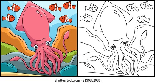 Giant Squid Coloring Page Colored Illustration