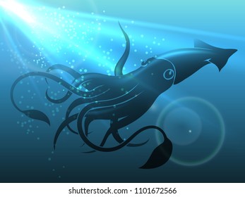 Giant Squid In Deep Water. Vector Illustration.