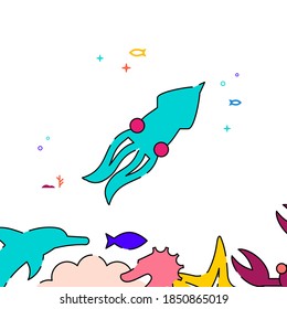 Giant squid filled line vector icon, simple illustration, sea world, marine life related bottom border.