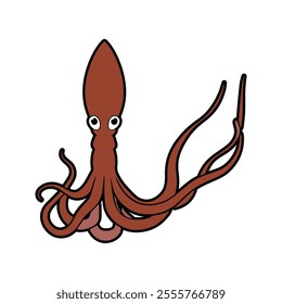 Giant Squid Flat Vector Illustration, Simple Stylized Design, Long Tentacles, Reddish-Brown Body, Minimalist Look, Clean Lines, White Background