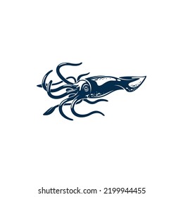 Giant squid isolated marine animal, mollusk monochrome icon. Vector hand drawn hooked squid with elongated bodies, and mantle. Marine underwater animal mascot with eyes, eight arms and two tentacles