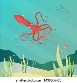 Giant squid in ocean vector illustration style.