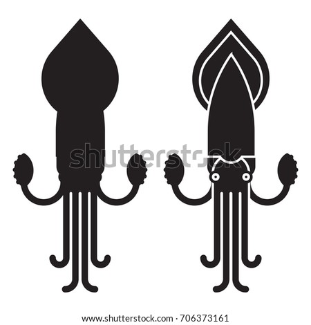 Giant squid vector illustration in outline design. Large calamari silhouette icon isolated on white background. Seafood logo or label template.
