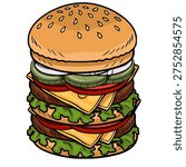 Giant Stacked Burger vector illustration with sesame seed bun, lettuce, tomato, cheese, pickles, and onion