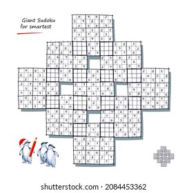 Giant Sudoku for smartest. Logic puzzle. Big size game with 9 squares, difficult level. Printable page for kids brain teaser book. Developing counting skills. Play online. Vector illustration.