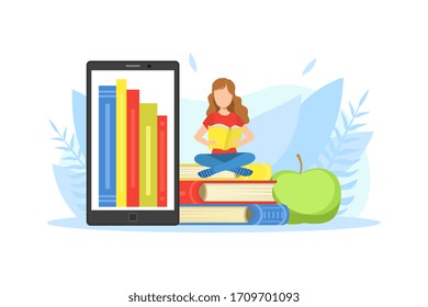 Giant Tablet Screen, Tiny Girl Sitting on Pile of Big Books, Education Concept Vector Illustration