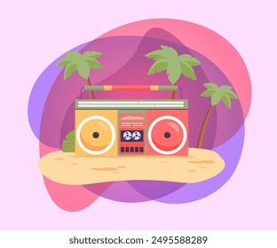 Giant tape recorder on beach among palm trees. Instrument for listening to music flat vector illustration. Party, summer, music concept for banner or landing page