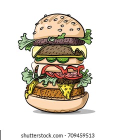 Giant tasty burger hand drawn image. Original colorful artwork, comic childish style drawing.