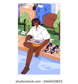 Giant teenager sits on embankment, and reading book. Gigantic student relaxes on river bank with legs in water, learning outdoors. Recreation on city streets concept poster. Flat vector illustration