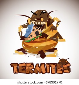 Giant Termites Monster eating your home. character design. typographic for header design - vector illustration