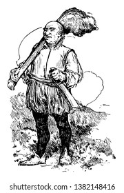 Giant, this scene shows a giant man carrying something on shoulder and sword in one hand, vintage line drawing or engraving illustration