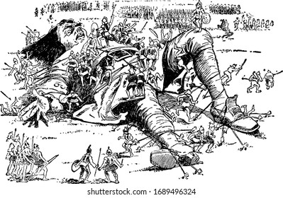 Giant Tied Down, This Scene Shows A Giant Man Tied Down By Little Soldiers, Some Soldiers Standing On Him With Spears And Shields, Vintage Line Drawing Or Engraving Illustration