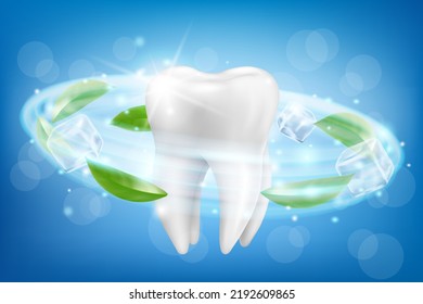 Giant tooth model and dynamic whitening effect. Dental care product package design for toothpaste poster or advertising. Realistic 3d Vector illustration.