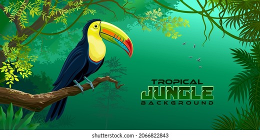 Giant Toucan Sitting On A Branch In A Rainforest.