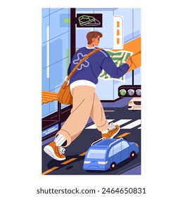 Giant tourist navigates with map in big city with buildings. Gigantic person walks on urban street in journey. Young man goes on car road. Concept of travel vertical poster. Flat vector illustration