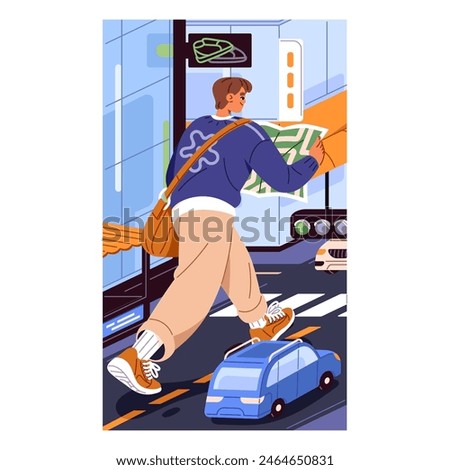 Giant tourist navigates with map in big city with buildings. Gigantic person walks on urban street in journey. Young man goes on car road. Concept of travel vertical poster. Flat vector illustration