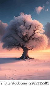 a giant tree in the middle of a vast meadow with leaves like snow