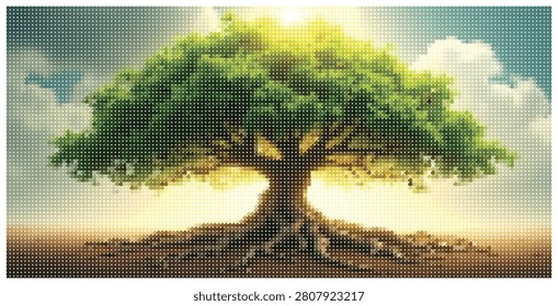 Giant tree with sprawling branches, vibrant green leaves, sun rays shining through, fluffy clouds, nature's beauty, peaceful outdoor scene.