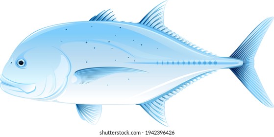 Giant trevally fish in side view, one realistic sea fish illustration on white background, Caranx ignobilis sport fishing trophy, commercial and recreational fisheries