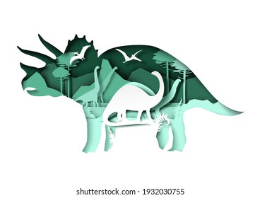 Giant triceratops dino silhouette with brontosaurus, brachiosaurus dinosaur and pteranodon flying reptile. Vector illustration in paper art style. Kids education. Archeology, history.