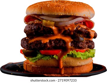 Cheeseburger de carne tripla gigante com legumes na placa preta isolada no fundo transparente
