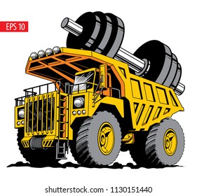 Giant truck or dumper carrying a huge dumbbell. Vector illustration.