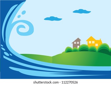 Giant Tsunami attack on a town area