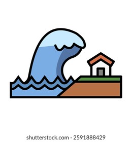 Giant tsunami and house icon. Vector.