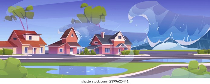 Giant tsunami wave covers ocean or sea coast with private houses, roads and trees. Cartoon vector of summer landscape with destructive natural disaster. Water catastrophe caused by powerful earthquake